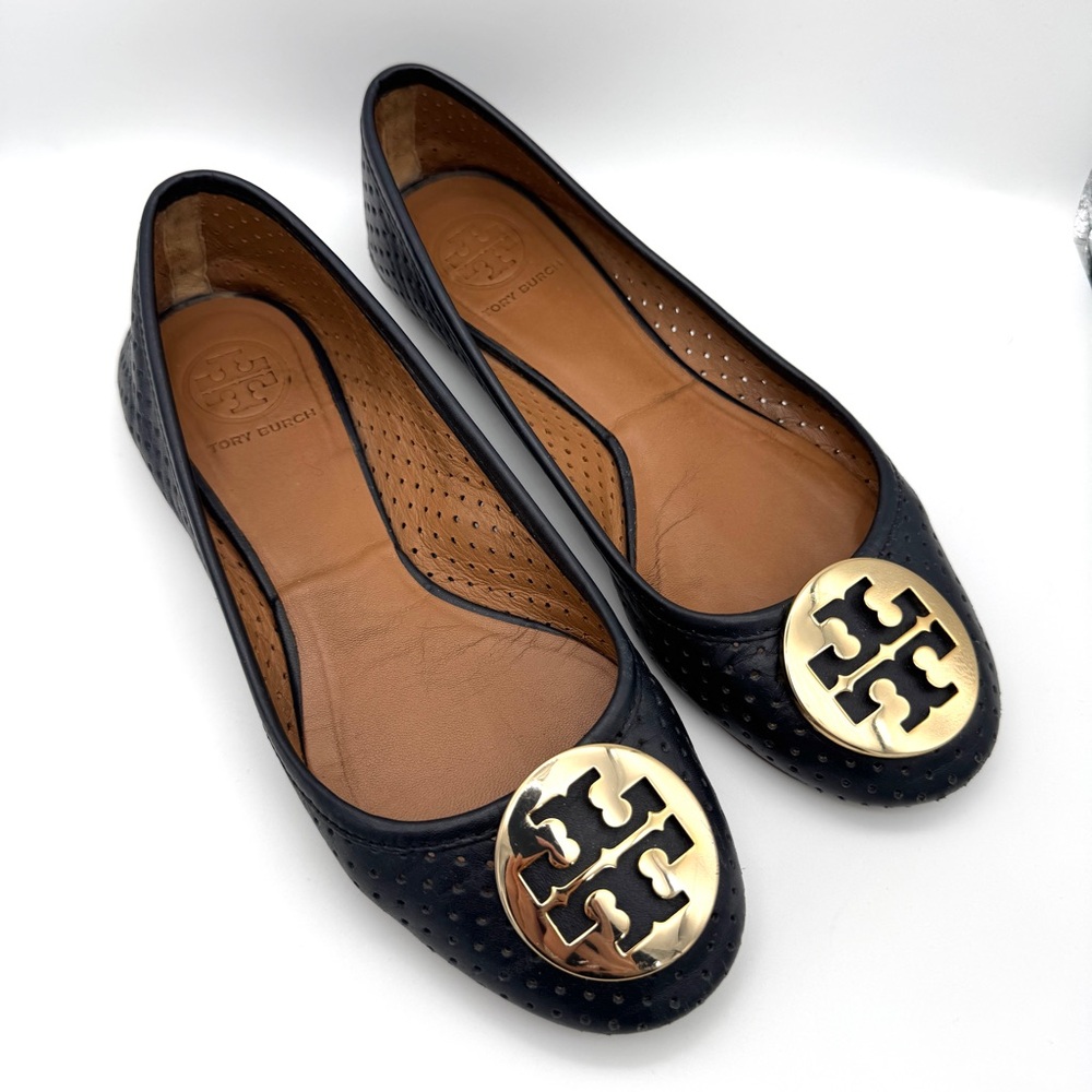 TORY BURCH Reva Perforated Ballet Flat - Navy Blue - Sz 7 - Picture 4 of 12